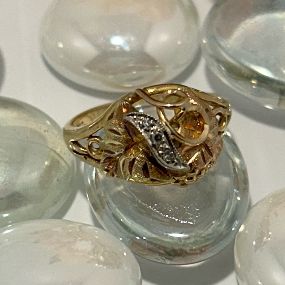 Cripple Creek 14K Tricolor Gold Diamond Ring – Size 5 – Art Deco Design
